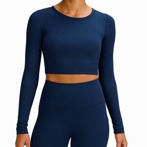 Lululemon Ebb to Street Long Sleeve Ribbed Crop Top Navy Blue 6 Activewear Yoga